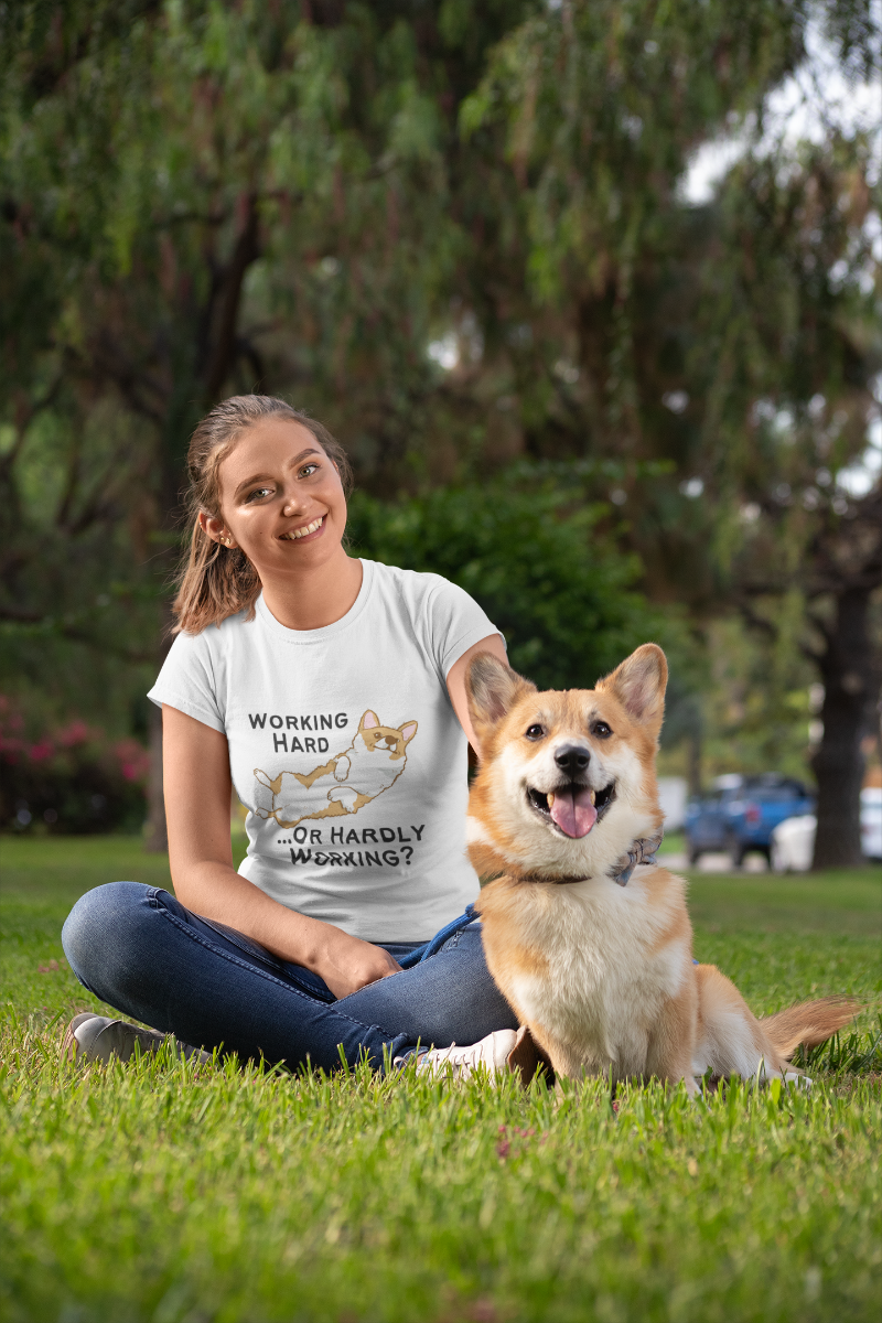 'Working Hard or Hardly Working? Corgi' Unisex Jersey Short Sleeve T-Shirt