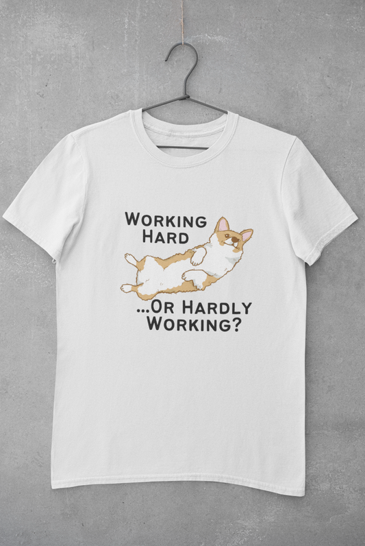 'Working Hard or Hardly Working? Corgi' Unisex Jersey Short Sleeve T-Shirt